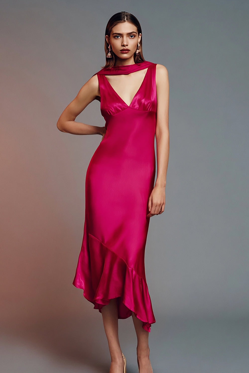Fuchsia Sheath Satin V-Neck Long Formal Dress with Ruffles