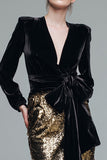 Sparkly Black and Gold Sheath Sequins Long Formal Dress with Bow
