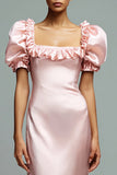 Pink Satin Ruffled Sheath Long Formal Dress with Sleeves
