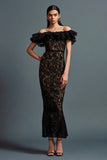 Black Lace Ruffled Sheath Long Formal Dress