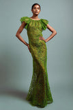 Green Lace Sheath Boat Neck Long Formal Dress with Sleeves