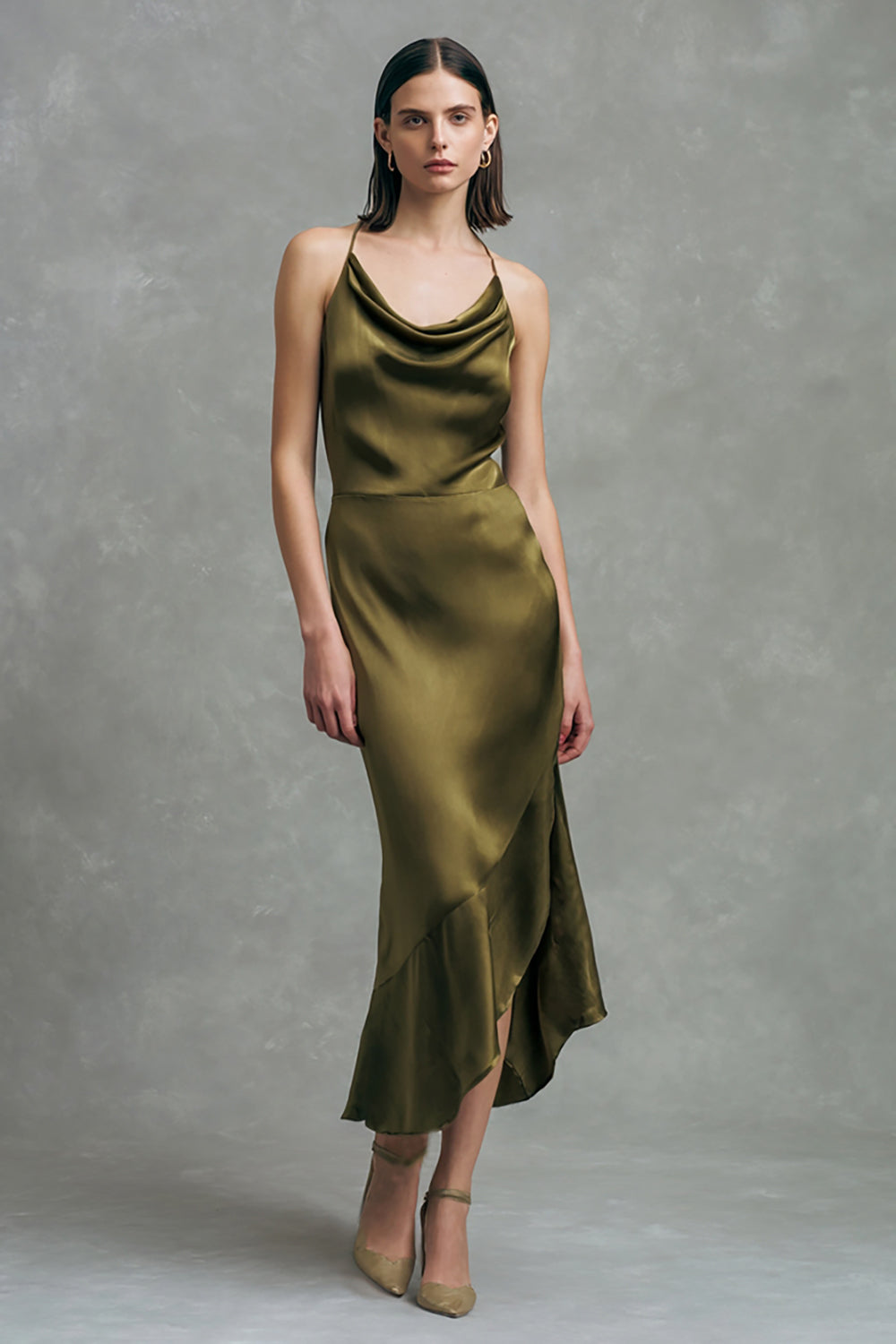 Olive Satin Cowl Neck Long Formal Dress with Ruffles