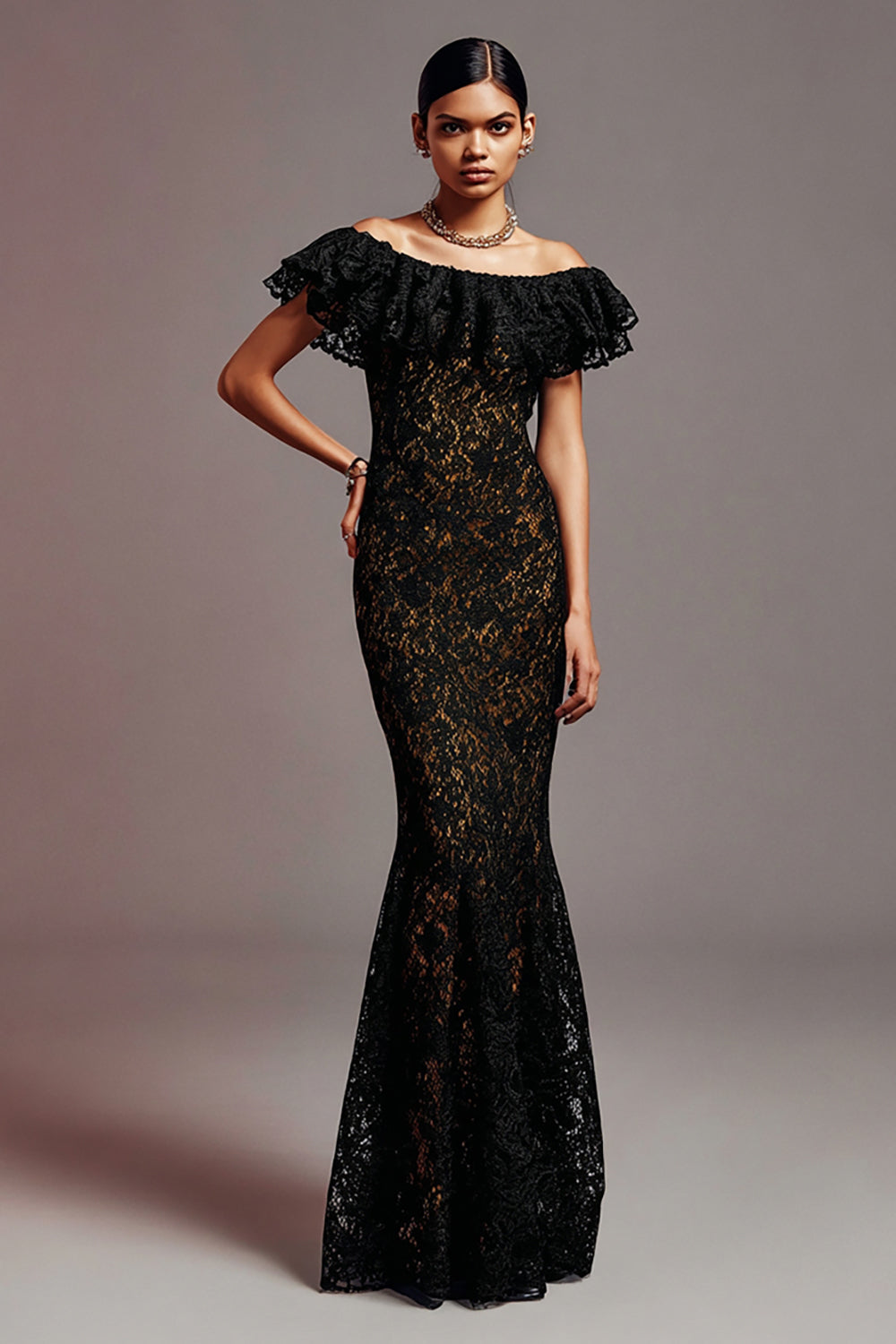 Black Lace Mermaid Long Formal Dress with Ruffles