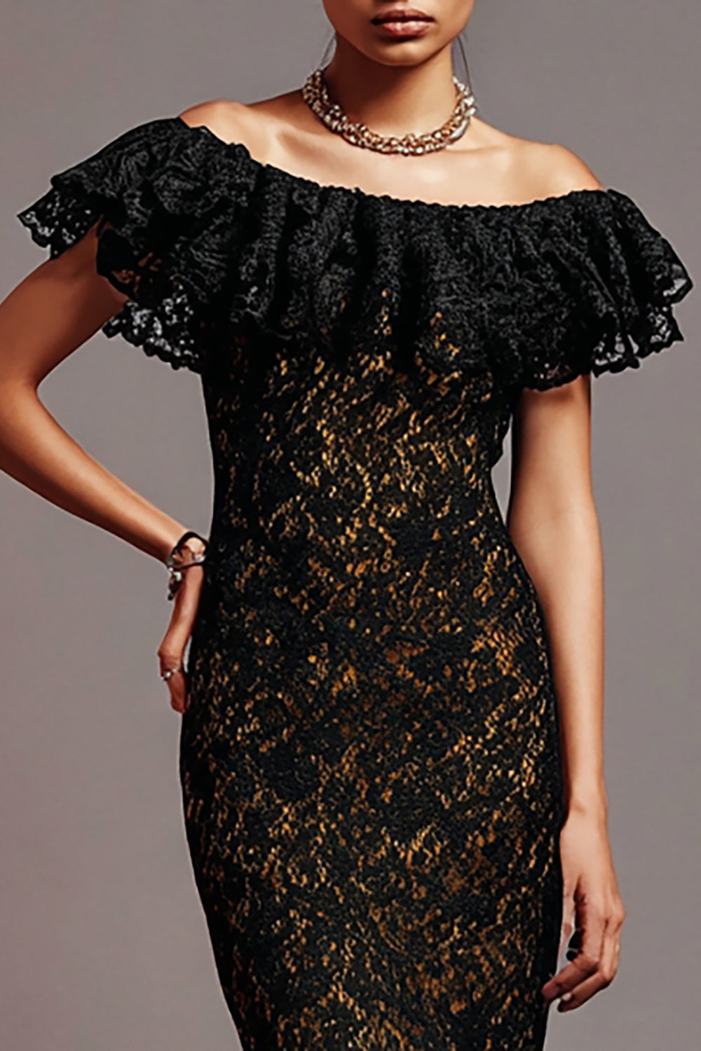 Black Lace Mermaid Long Formal Dress with Ruffles