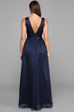 Navy A Line Chiffon V-Neck Long Formal Dress