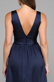 Navy A Line Chiffon V-Neck Long Formal Dress