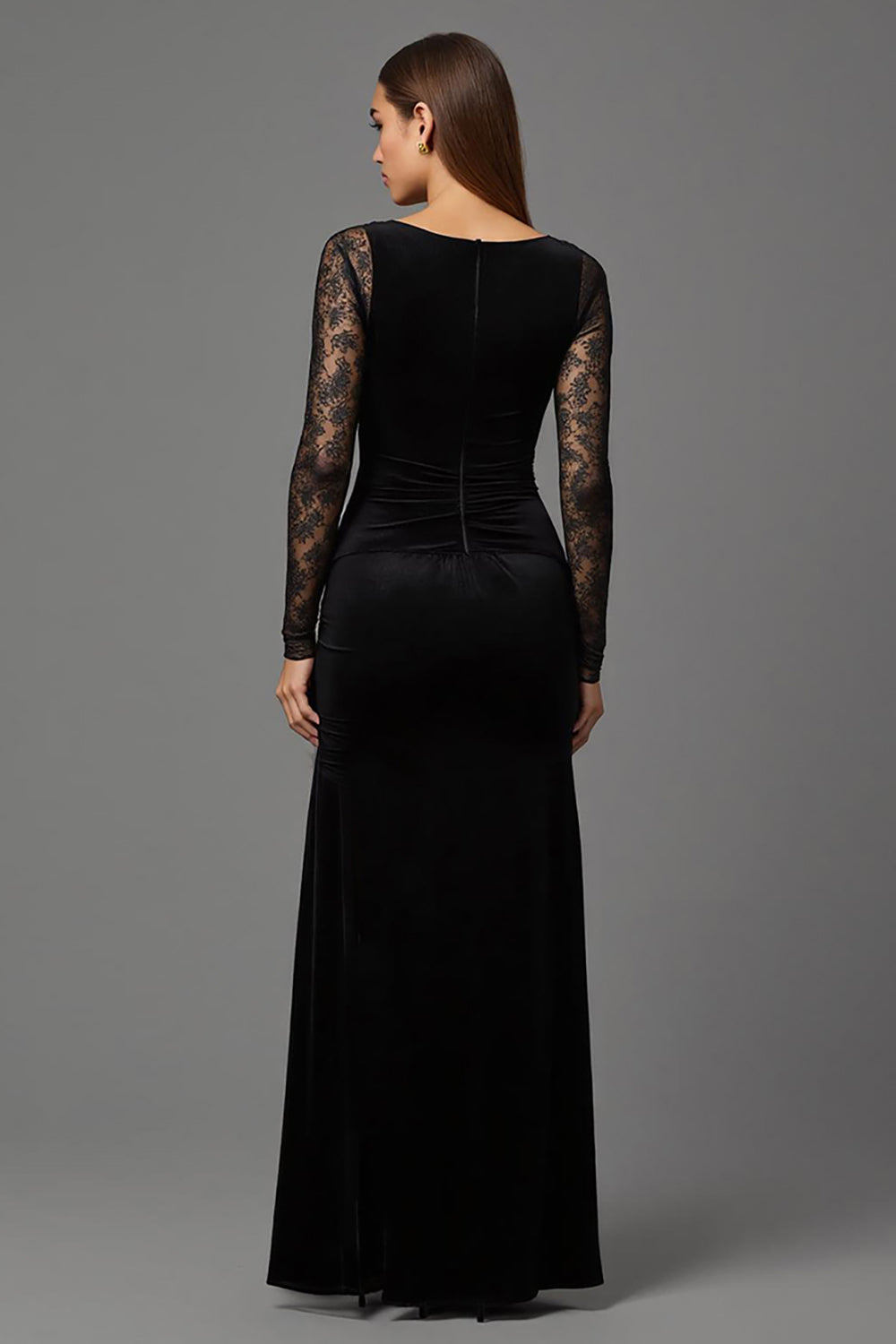 Black Velvet Boat Neck Long Formal Dress with Lace