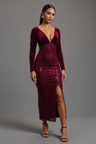 Sparkly Burgundy Sheath Sequins Long Formal Dress with Slit