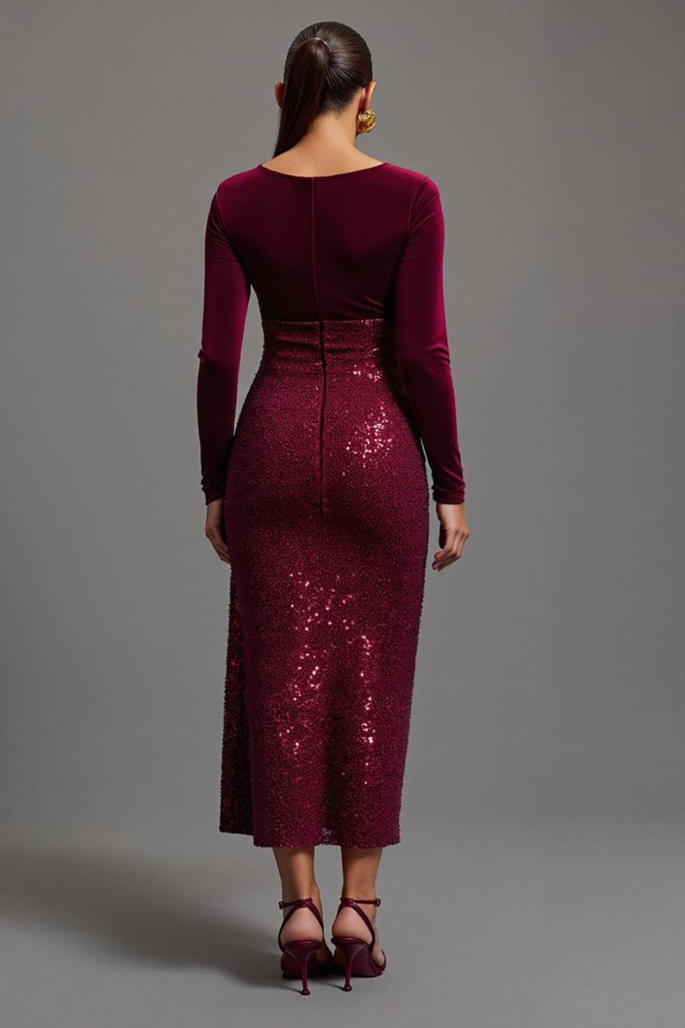 Sparkly Burgundy Sheath Sequins Long Formal Dress with Slit
