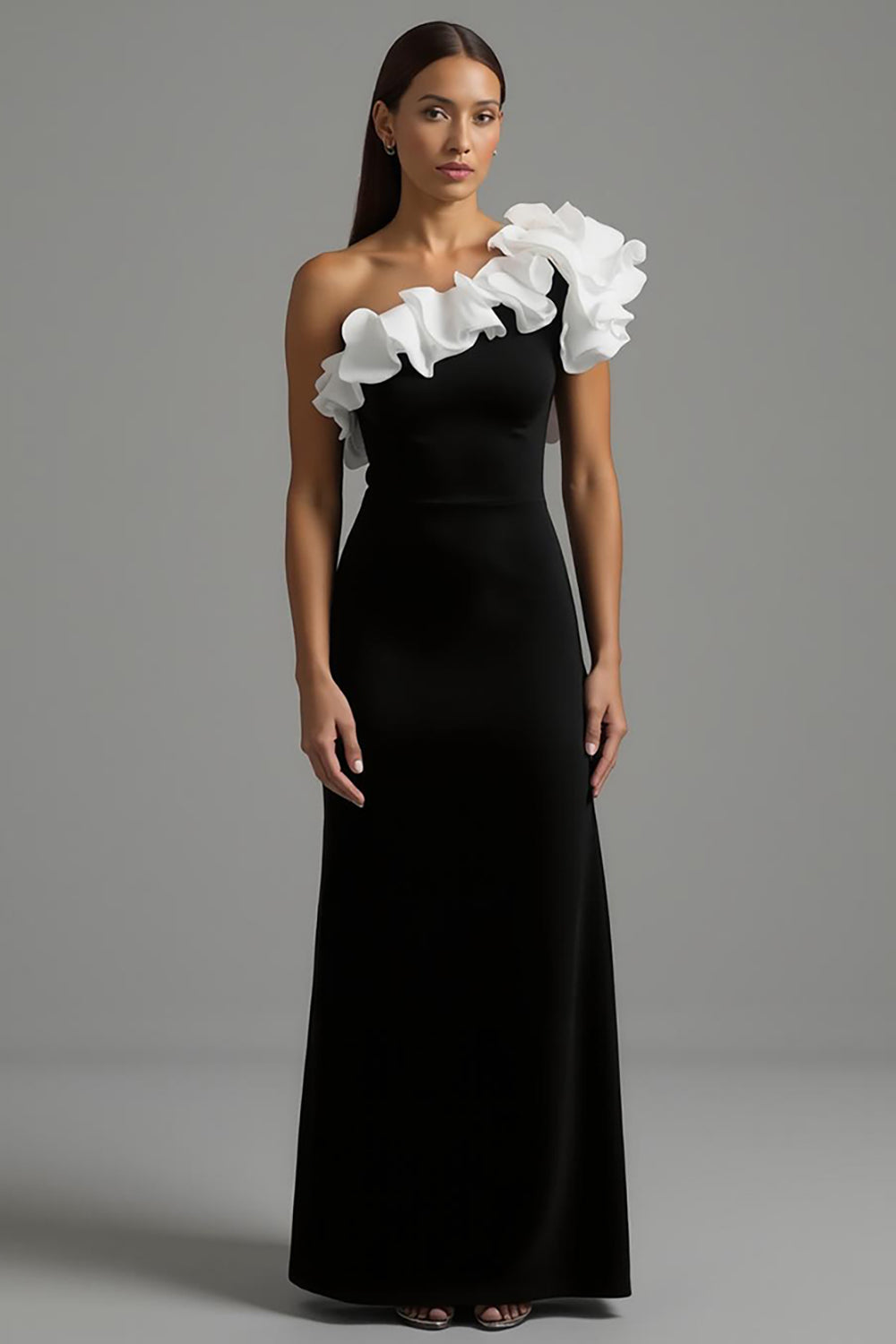 Black and White A Line One Shoulder Long Formal Dress with Ruffles