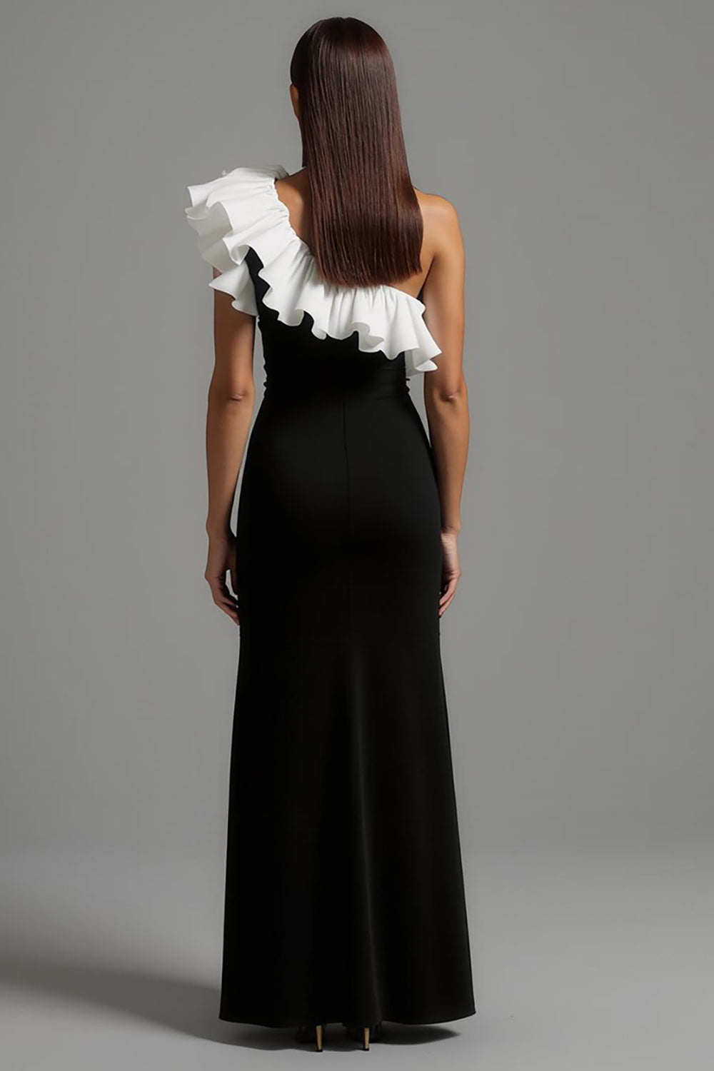 Black and White A Line One Shoulder Long Formal Dress with Ruffles