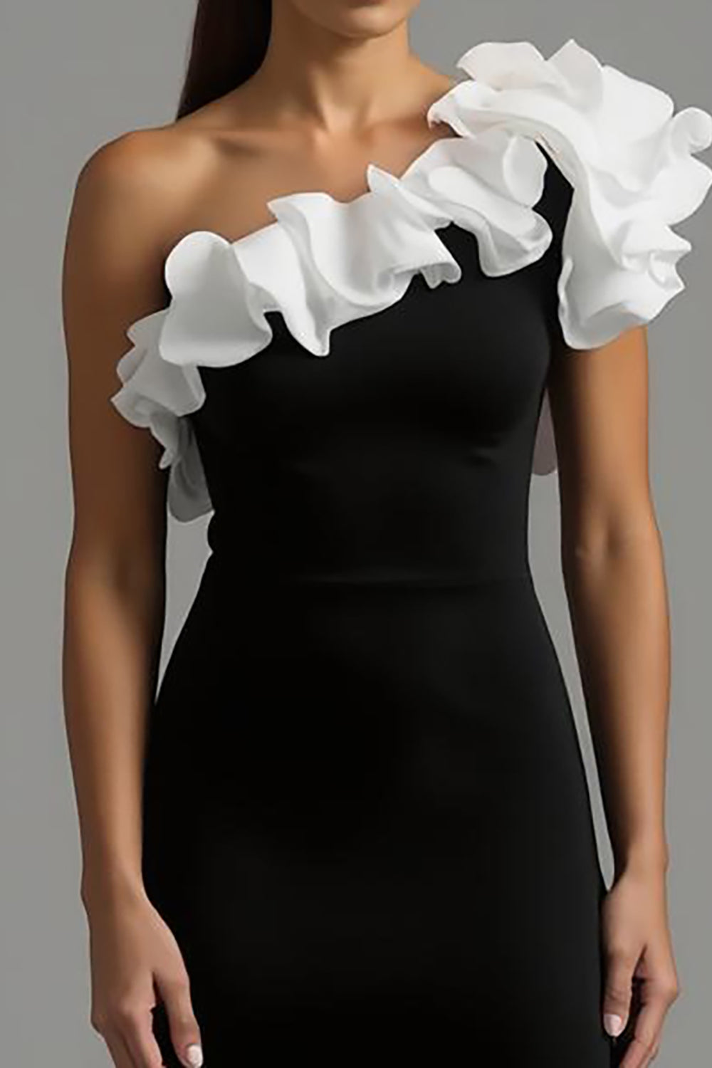 Black and White A Line One Shoulder Long Formal Dress with Ruffles