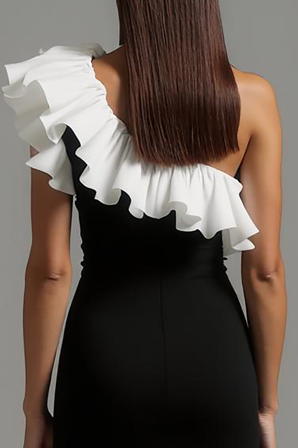 Black and White A Line One Shoulder Long Formal Dress with Ruffles