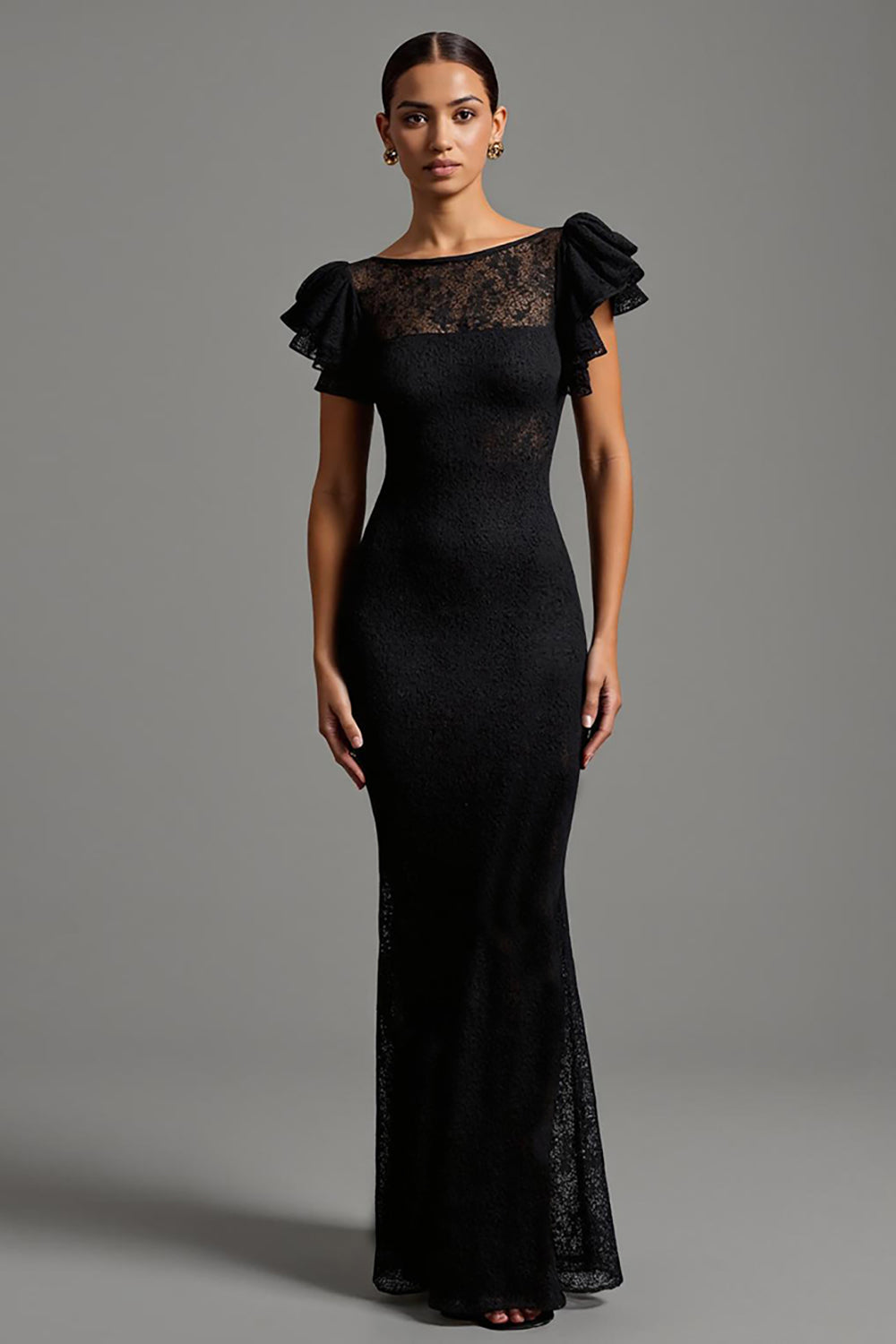 Black Lace Mermaid Boat Neck Long Formal Dress with Ruffles