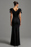 Black Lace Mermaid Boat Neck Long Formal Dress with Ruffles