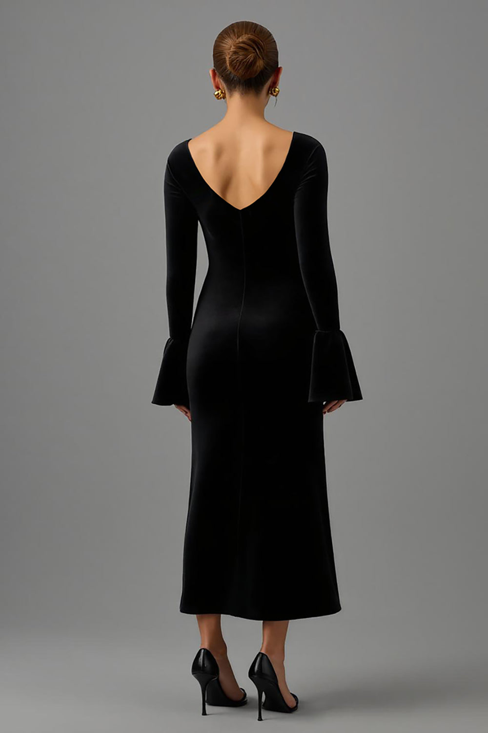 Black Sheath Velvet V-Neck Long Formal Dress with Sleeves