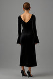 Black Sheath Velvet V-Neck Long Formal Dress with Sleeves