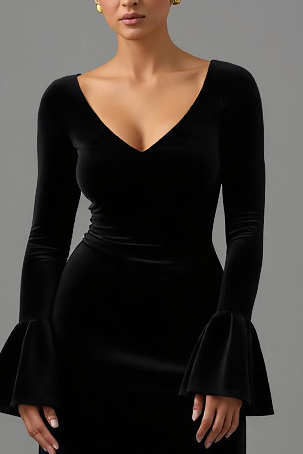 Black Sheath Velvet V-Neck Long Formal Dress with Sleeves