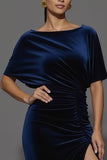 Navy Sheath Velvet Boat Neck Long Formal Dress with Slit