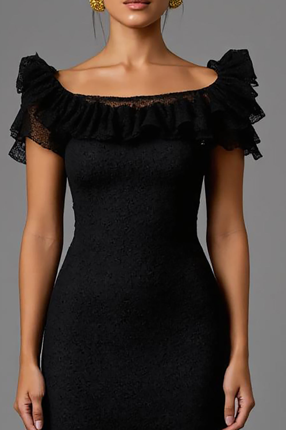 Black Sheath Lace Square Neck Long Formal Dress with Ruffles