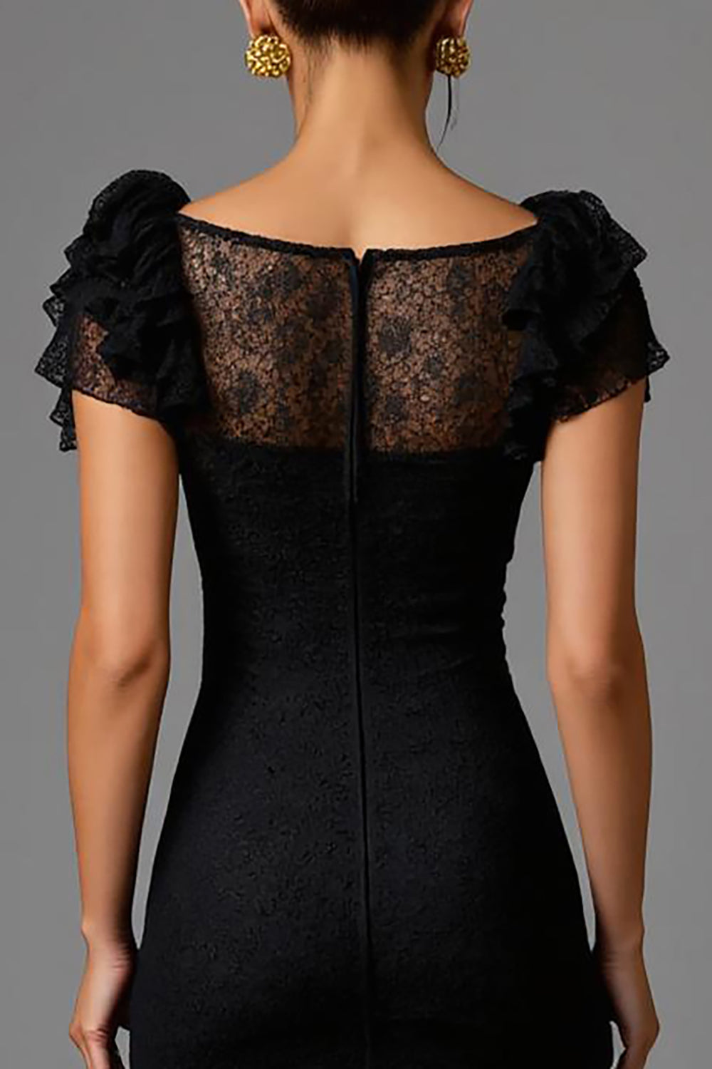 Black Sheath Lace Square Neck Long Formal Dress with Ruffles