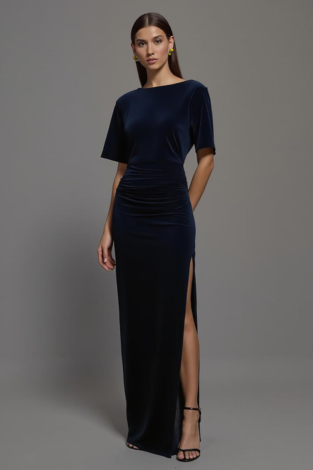 Navy Sheath Velvet Bateau Neck Long Formal Dress with Slit