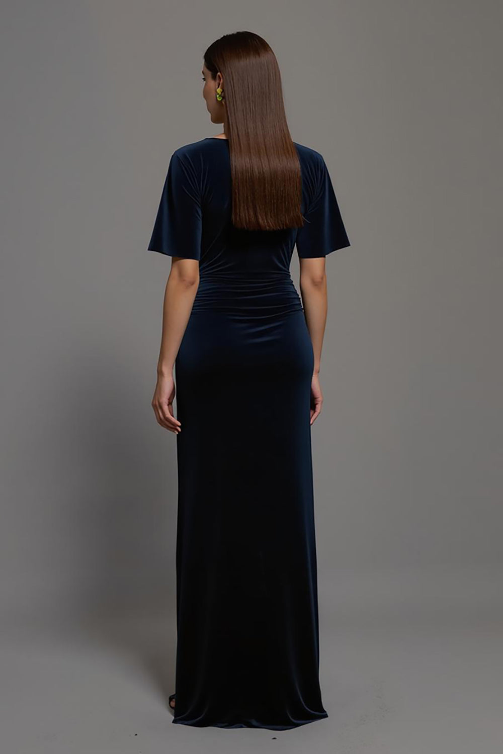 Navy Sheath Velvet Bateau Neck Long Formal Dress with Slit