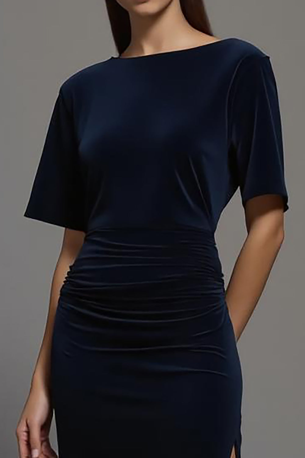 Navy Sheath Velvet Bateau Neck Long Formal Dress with Slit