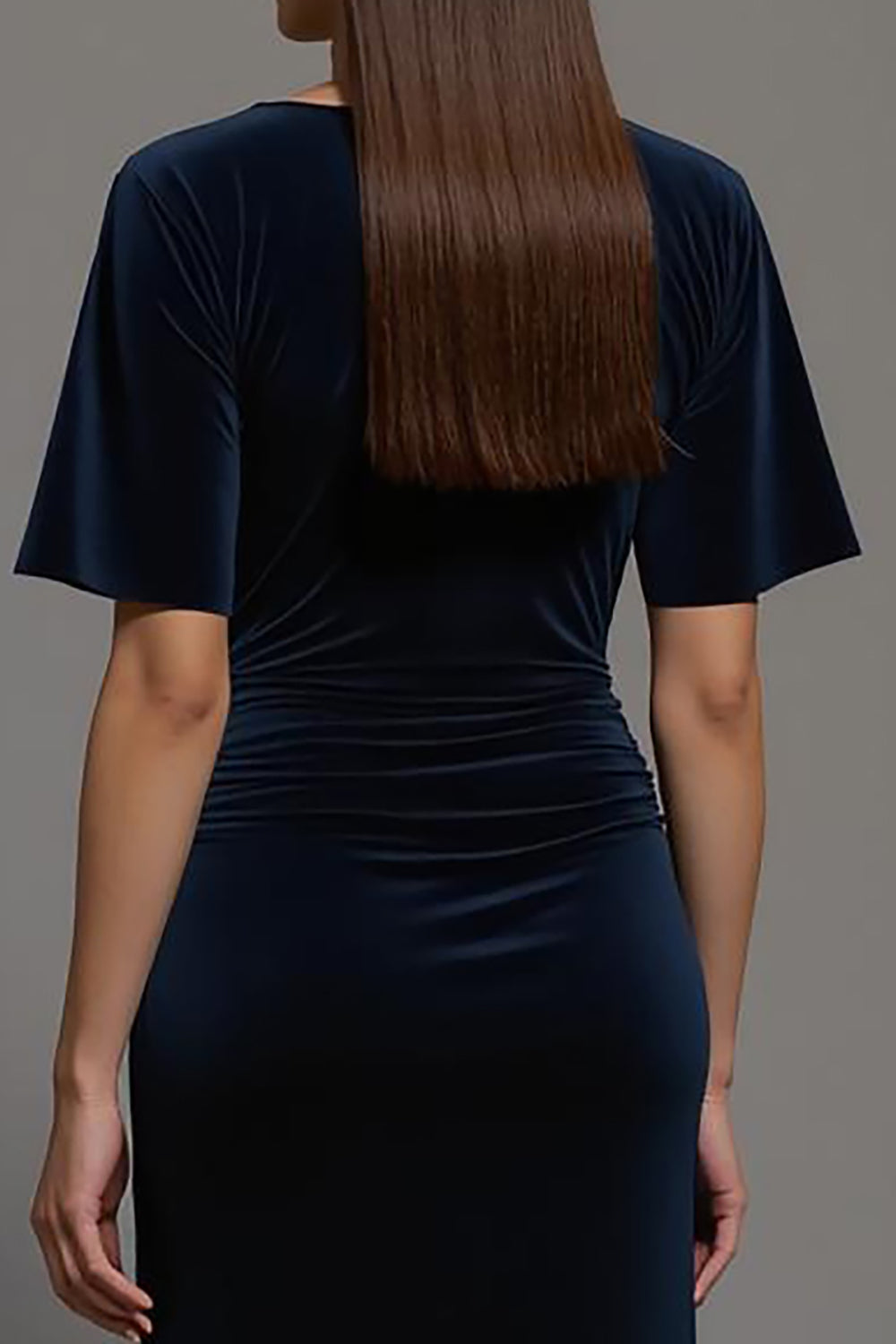 Navy Sheath Velvet Bateau Neck Long Formal Dress with Slit