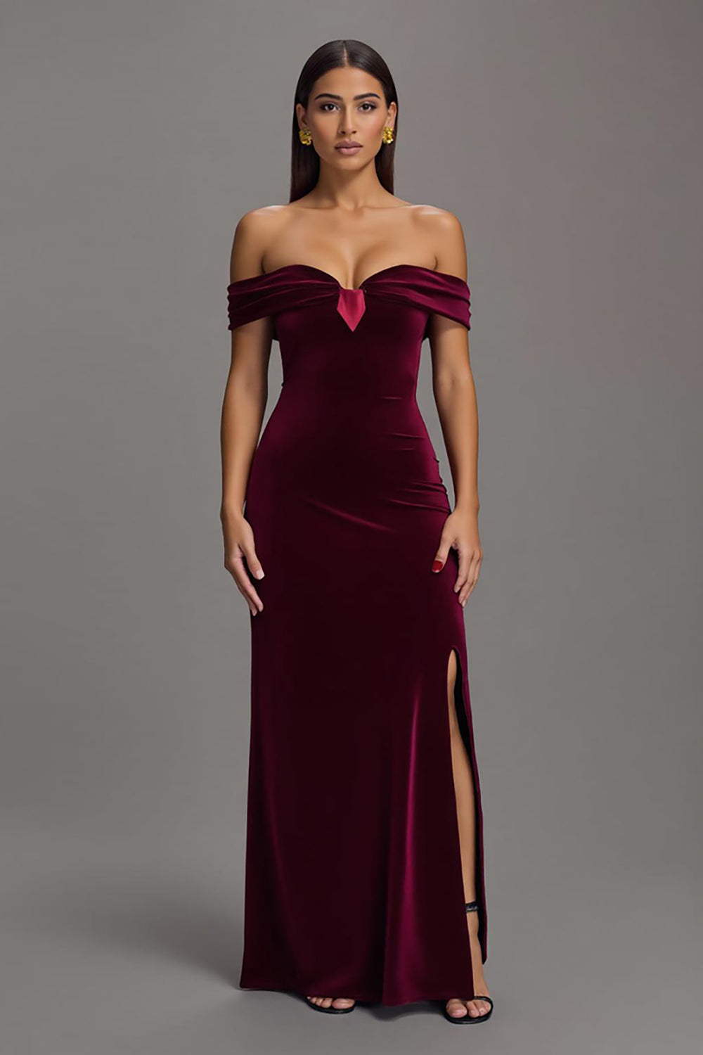 Burgundy Velvet Off the Shoulder Long Formal Dress with Slit