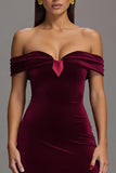 Burgundy Velvet Off the Shoulder Long Formal Dress with Slit