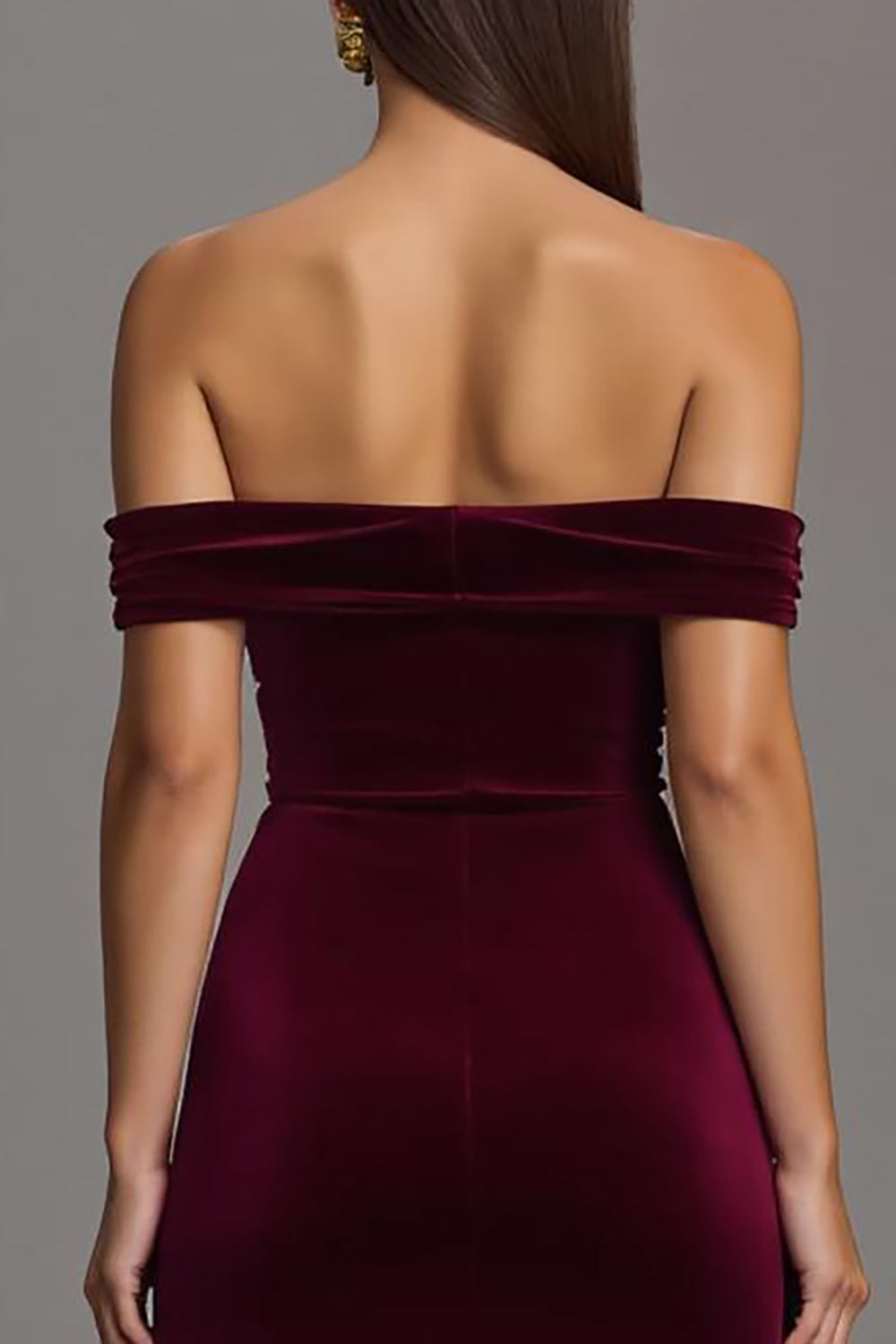 Burgundy Velvet Off the Shoulder Long Formal Dress with Slit