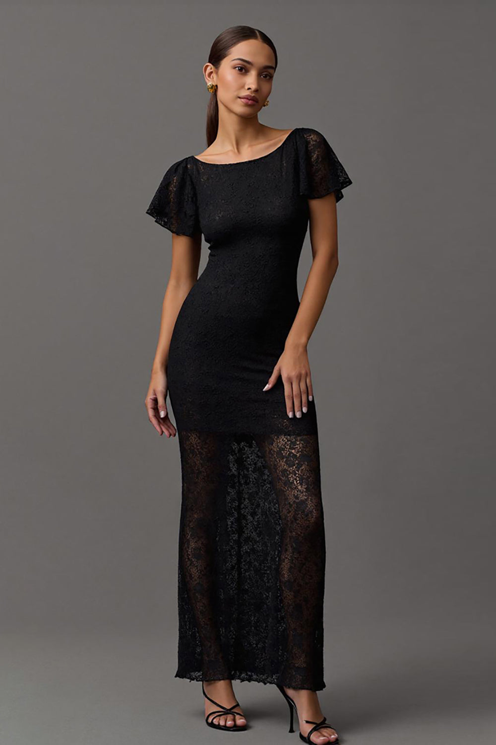 Black Lace Boat Neck Sheath Long Formal Dress with Sleeves