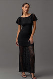 Black Lace Boat Neck Sheath Long Formal Dress with Sleeves