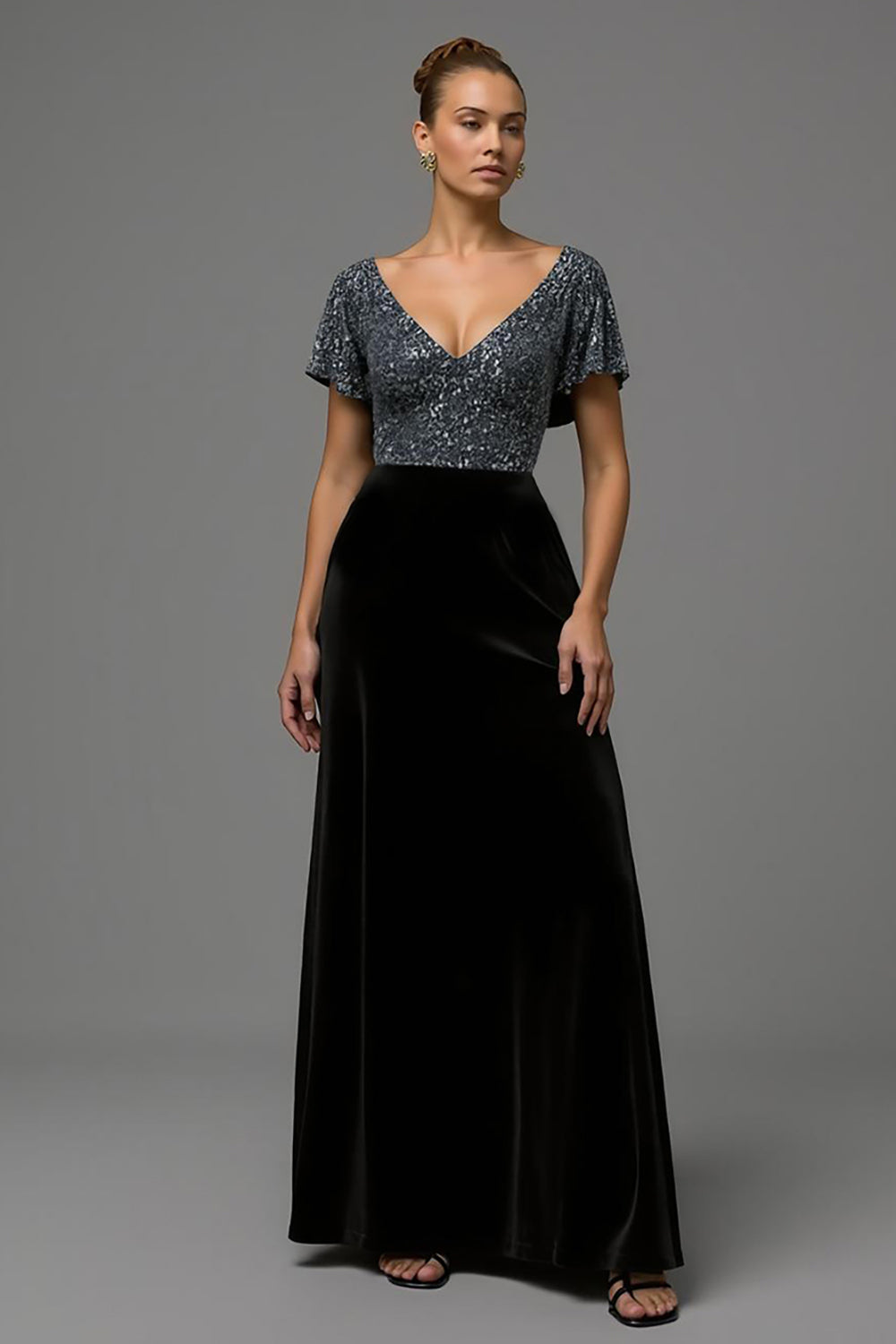 Sparkly Black and Grey A Line Velvet Long Formal Dress with Sequins