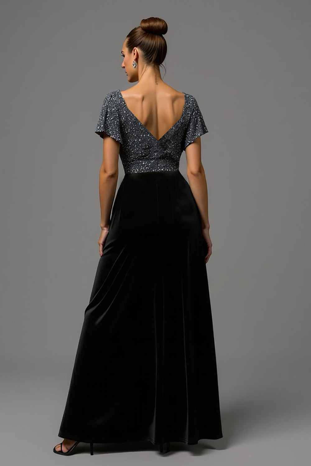 Sparkly Black and Grey A Line Velvet Long Formal Dress with Sequins