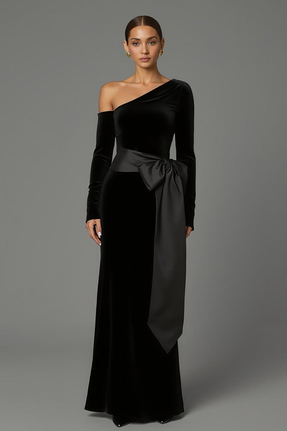 Black Velvet One Shoulder Long Formal Dress with Bow