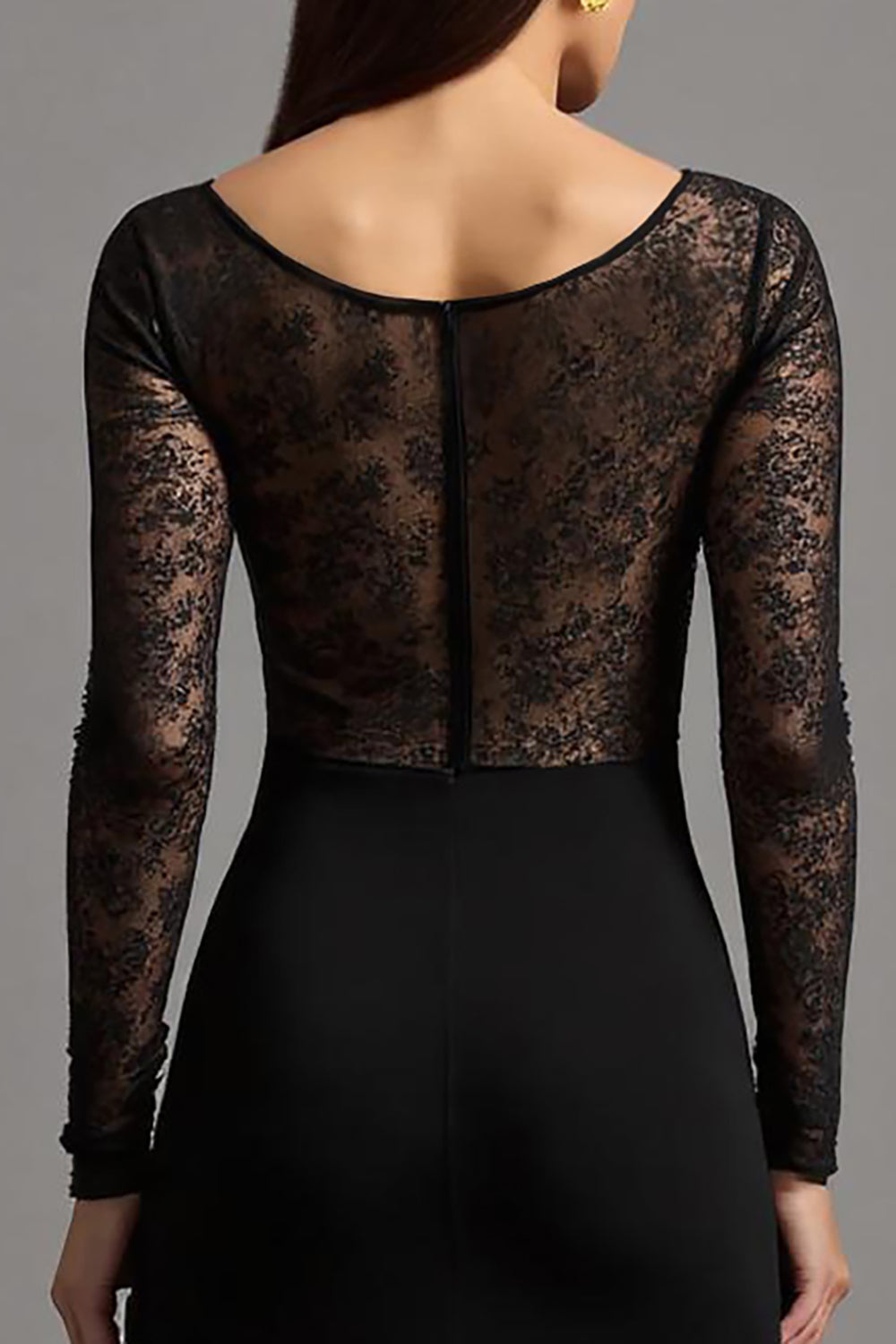 Illusion Neck Black Sheath Long Sleeves Formal Dress with Slit