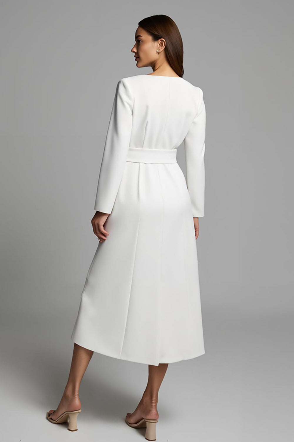 Ivory V-Neck A Line Satin Long Work Dress With Sleeves