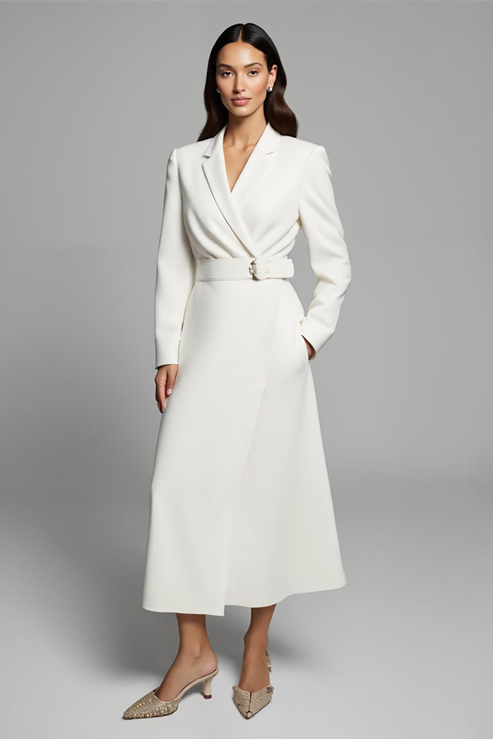Ivory Notched Lapel A Line Long Blazer Dress With Pockets