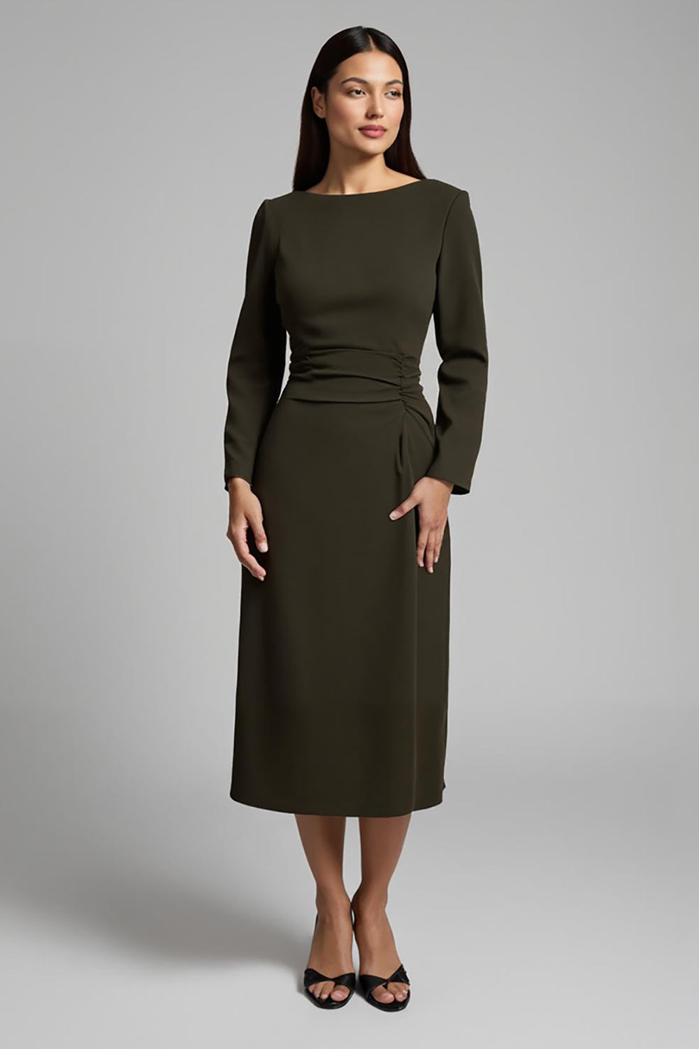 Dark Olive Satin Boat Neck Pencil Midi Work Dress With Sleeves