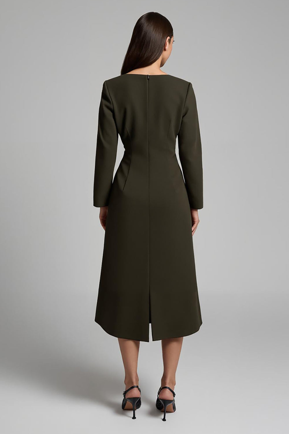 Dark Olive Satin Boat Neck Pencil Midi Work Dress With Sleeves