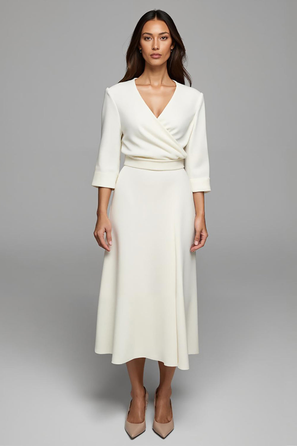 Ivory Satin Ruched V-Neck Pencil Midi Work Dress With Sleeves