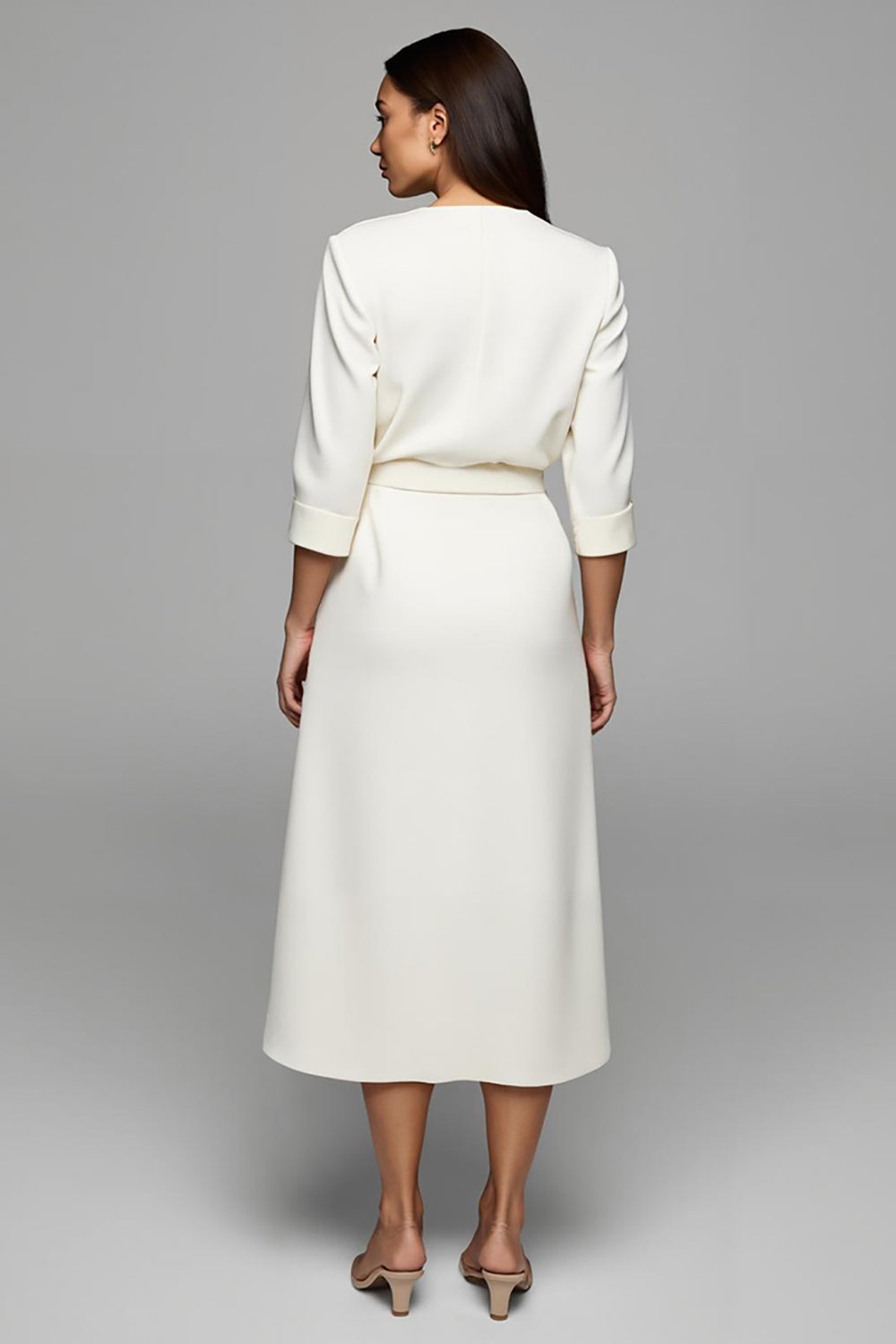 Ivory Satin Ruched V-Neck Pencil Midi Work Dress With Sleeves