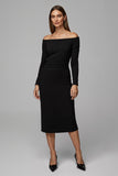 Black Satin Off The Shoulder Pencil Midi Work Dress with Sleeves