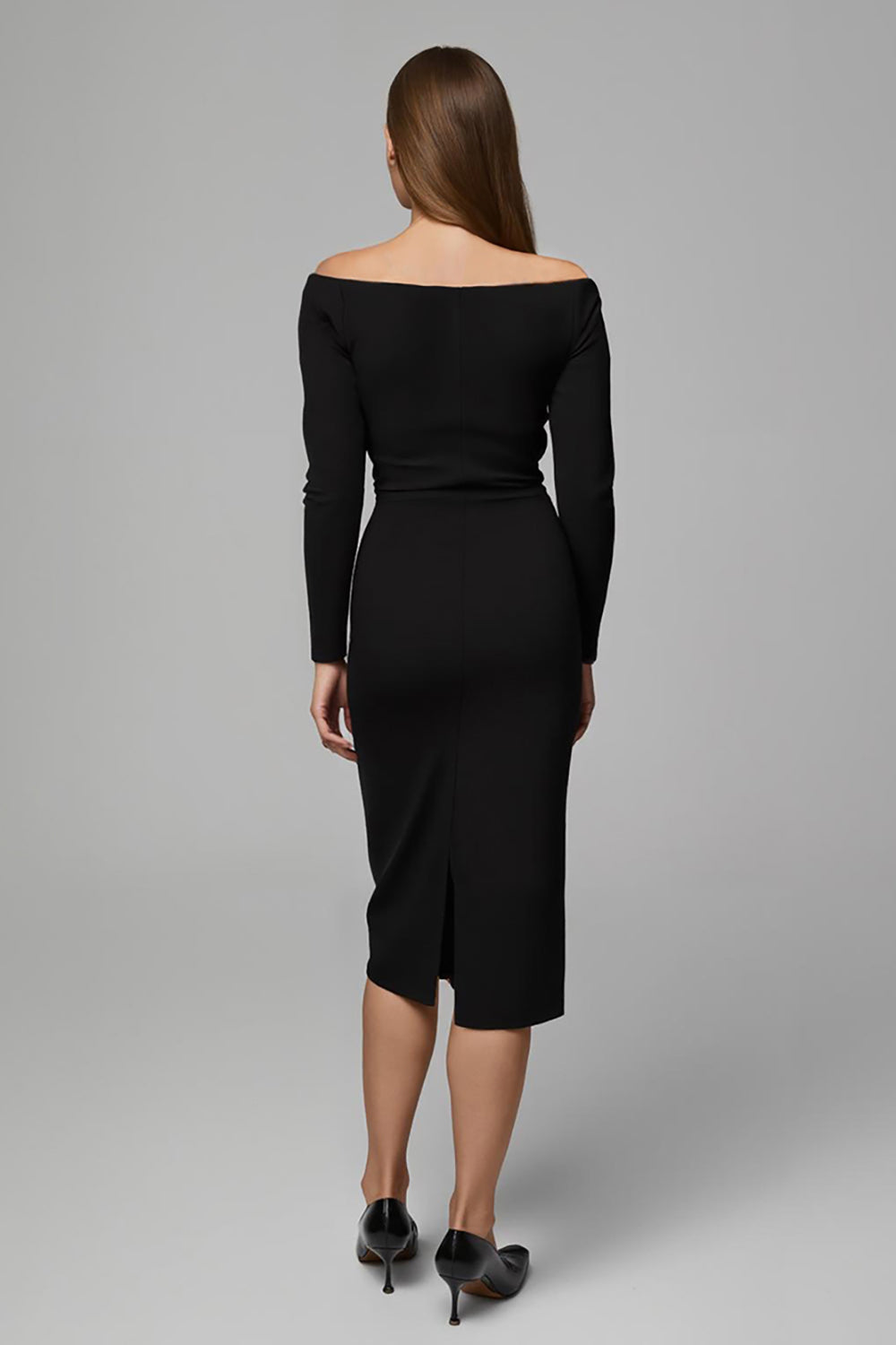Black Satin Off The Shoulder Pencil Midi Work Dress with Sleeves