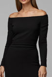 Black Satin Off The Shoulder Pencil Midi Work Dress with Sleeves