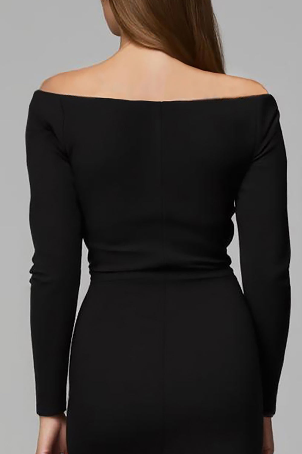 Black Satin Off The Shoulder Pencil Midi Work Dress with Sleeves