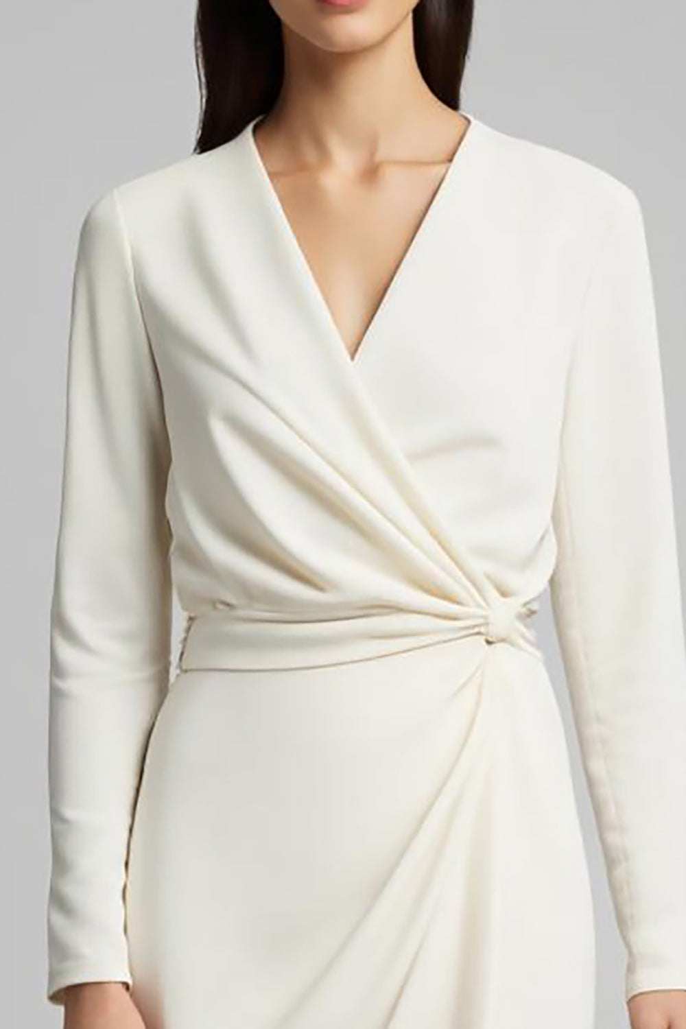 Ivory Ruched Satin Pencil Long Sleeves Midi Work Dress With Slit
