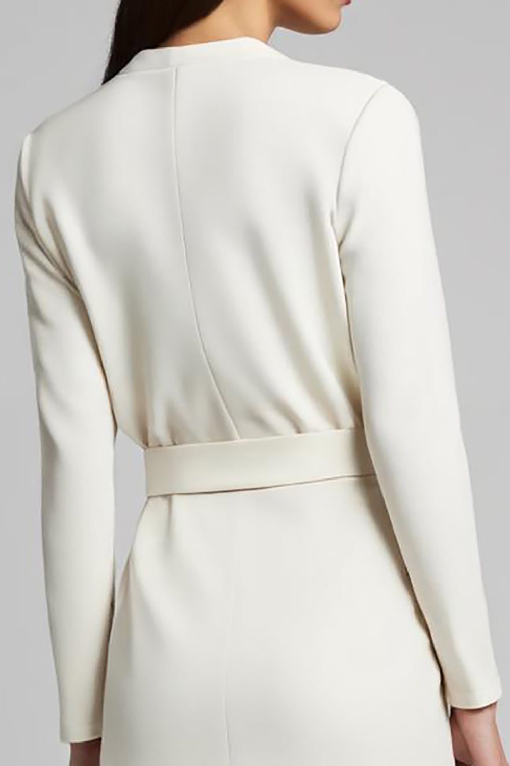 Ivory Ruched Satin Pencil Long Sleeves Midi Work Dress With Slit